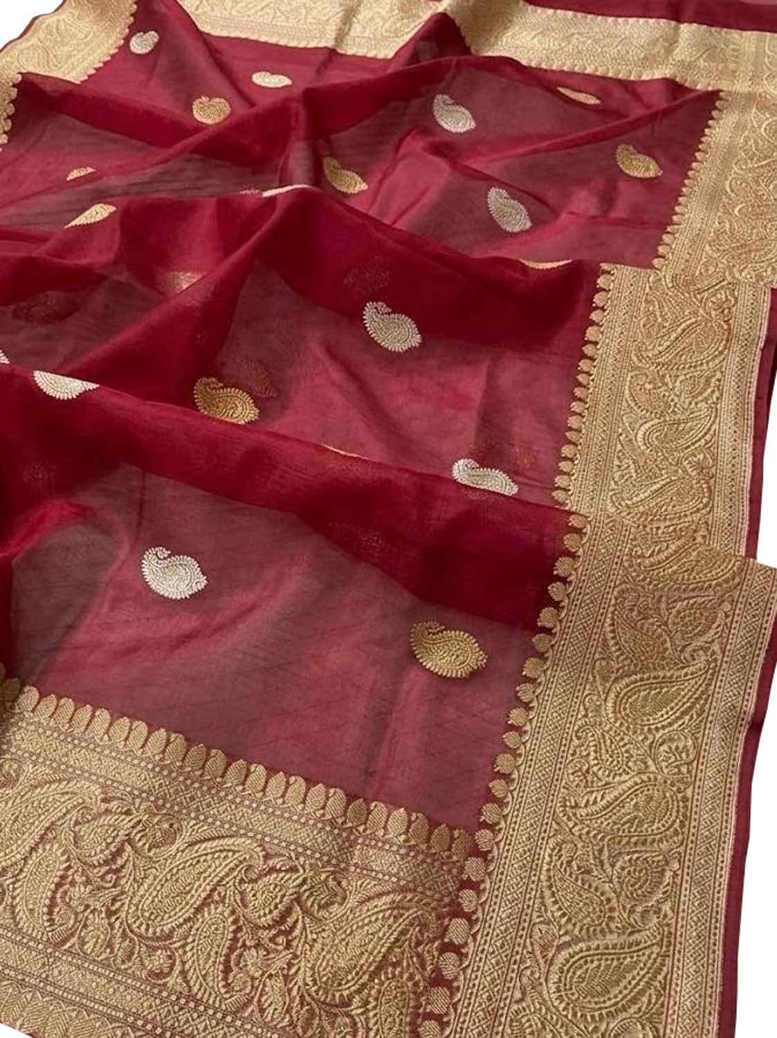 Red Handloom Banarasi Pure Kora Silk Dupatta - Luxurion World- Crafted Heirlooms