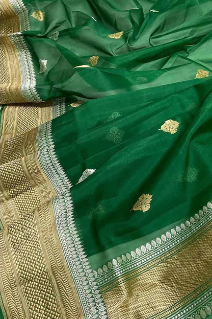 Green Handloom Banarasi Pure Kora Silk Dupatta - Luxurion World