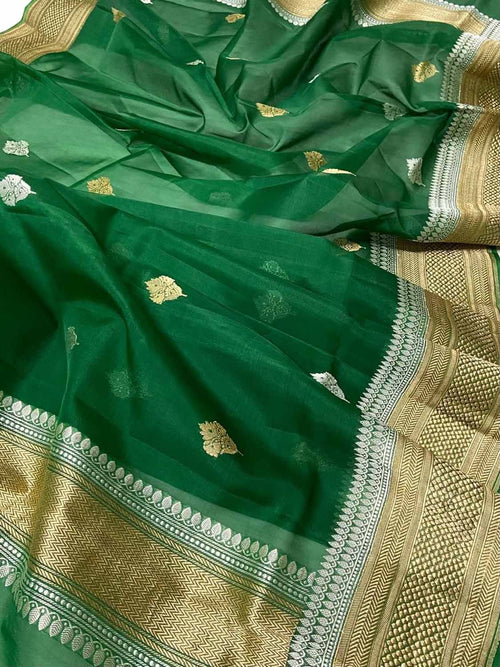 Green Handloom Banarasi Pure Kora Silk Dupatta - Luxurion World- Crafted Heirlooms