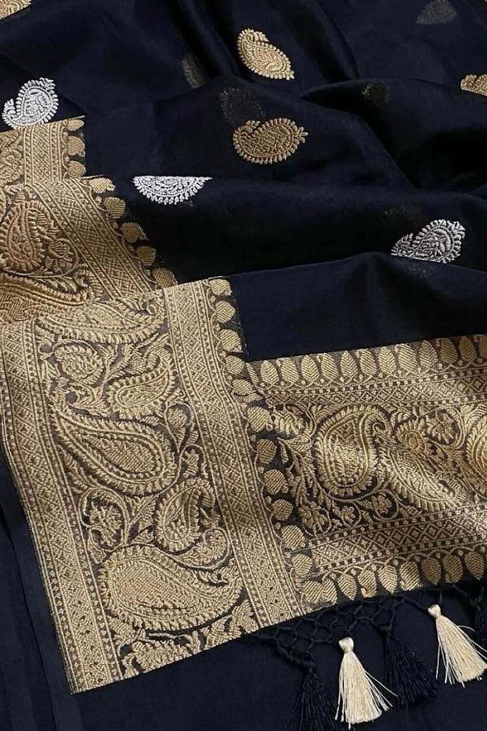 Blue Handloom Banarasi Pure Kora Silk Dupatta - Luxurion World- Crafted Heirlooms