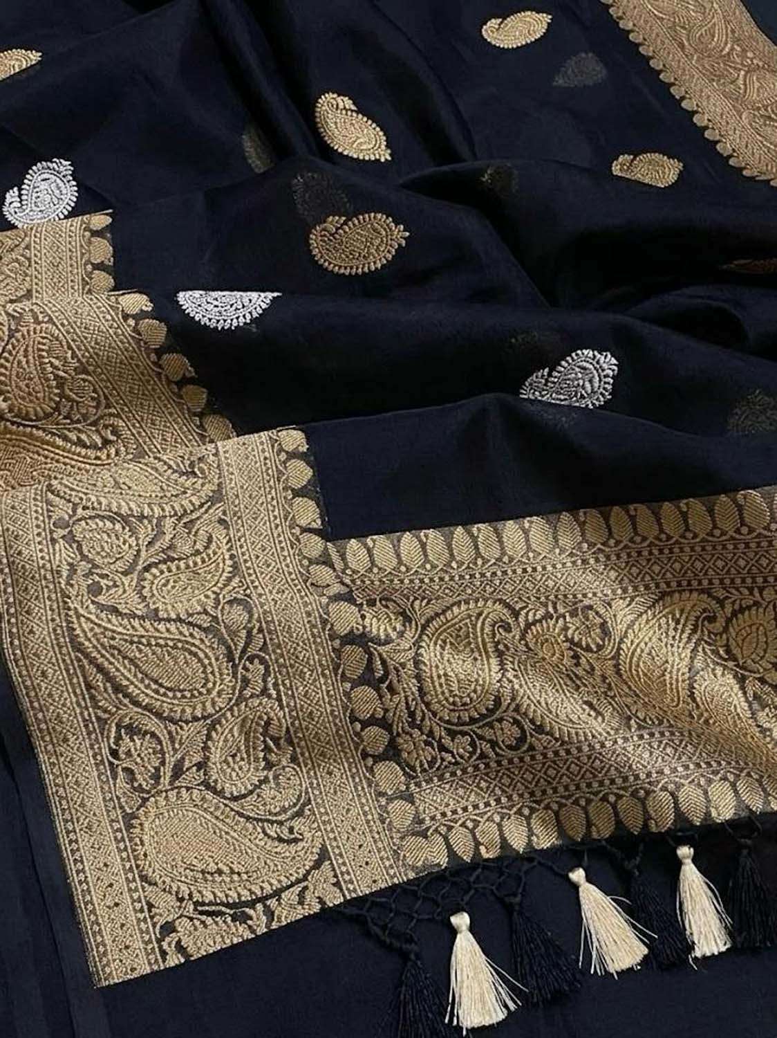 Blue Handloom Banarasi Pure Kora Silk Dupatta - Luxurion World- Crafted Heirlooms
