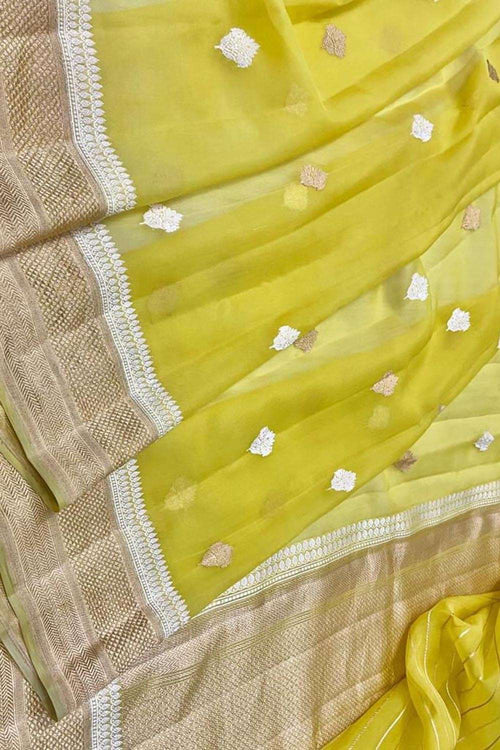 Yellow Handloom Banarasi Pure Kora Silk Dupatta - Luxurion World- Crafted Heirlooms