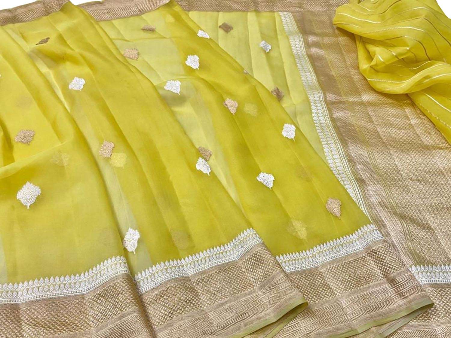 Yellow Handloom Banarasi Pure Kora Silk Dupatta - Luxurion World