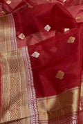 Red Handloom Banarasi Pure Kora Silk Dupatta - Luxurion World- Crafted Heirlooms