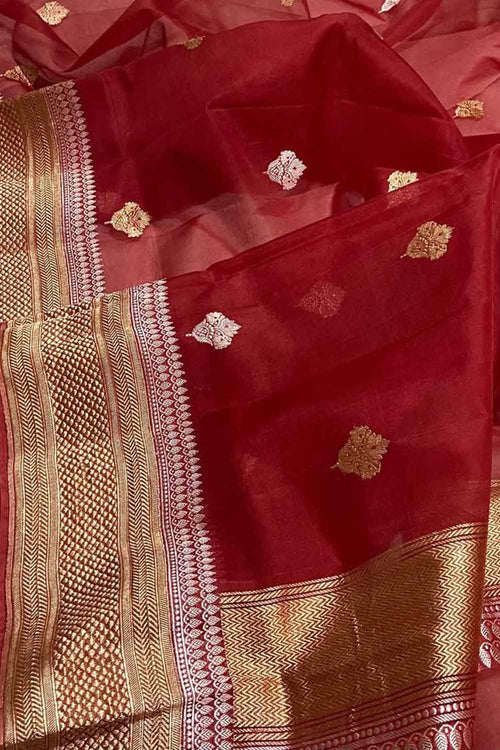 Red Handloom Banarasi Pure Kora Silk Dupatta - Luxurion World- Crafted Heirlooms