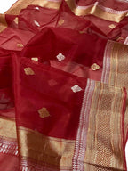 Red Handloom Banarasi Pure Kora Silk Dupatta - Luxurion World- Crafted Heirlooms