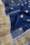 Blue Handloom Banarasi Pure Kora Silk Dupatta - Luxurion World- Crafted Heirlooms