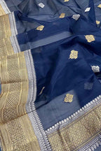 Blue Handloom Banarasi Pure Kora Silk Dupatta - Luxurion World- Crafted Heirlooms