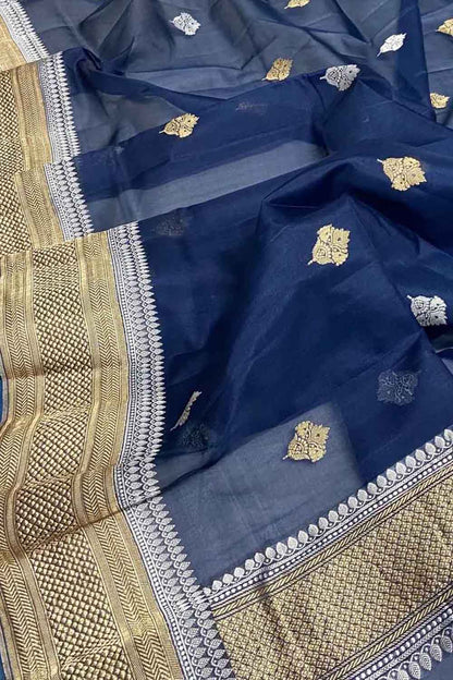 Blue Handloom Banarasi Pure Kora Silk Dupatta - Luxurion World