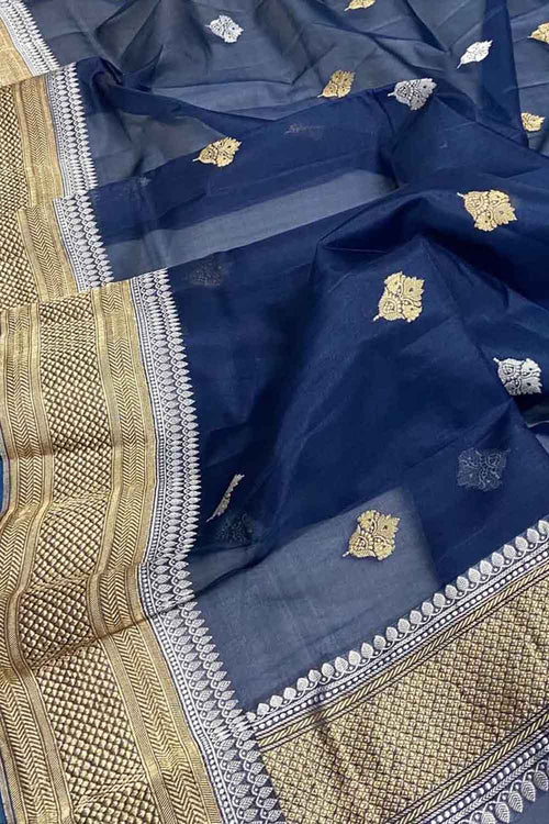 Blue Handloom Banarasi Pure Kora Silk Dupatta - Luxurion World- Crafted Heirlooms