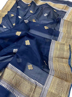 Blue Handloom Banarasi Pure Kora Silk Dupatta - Luxurion World- Crafted Heirlooms