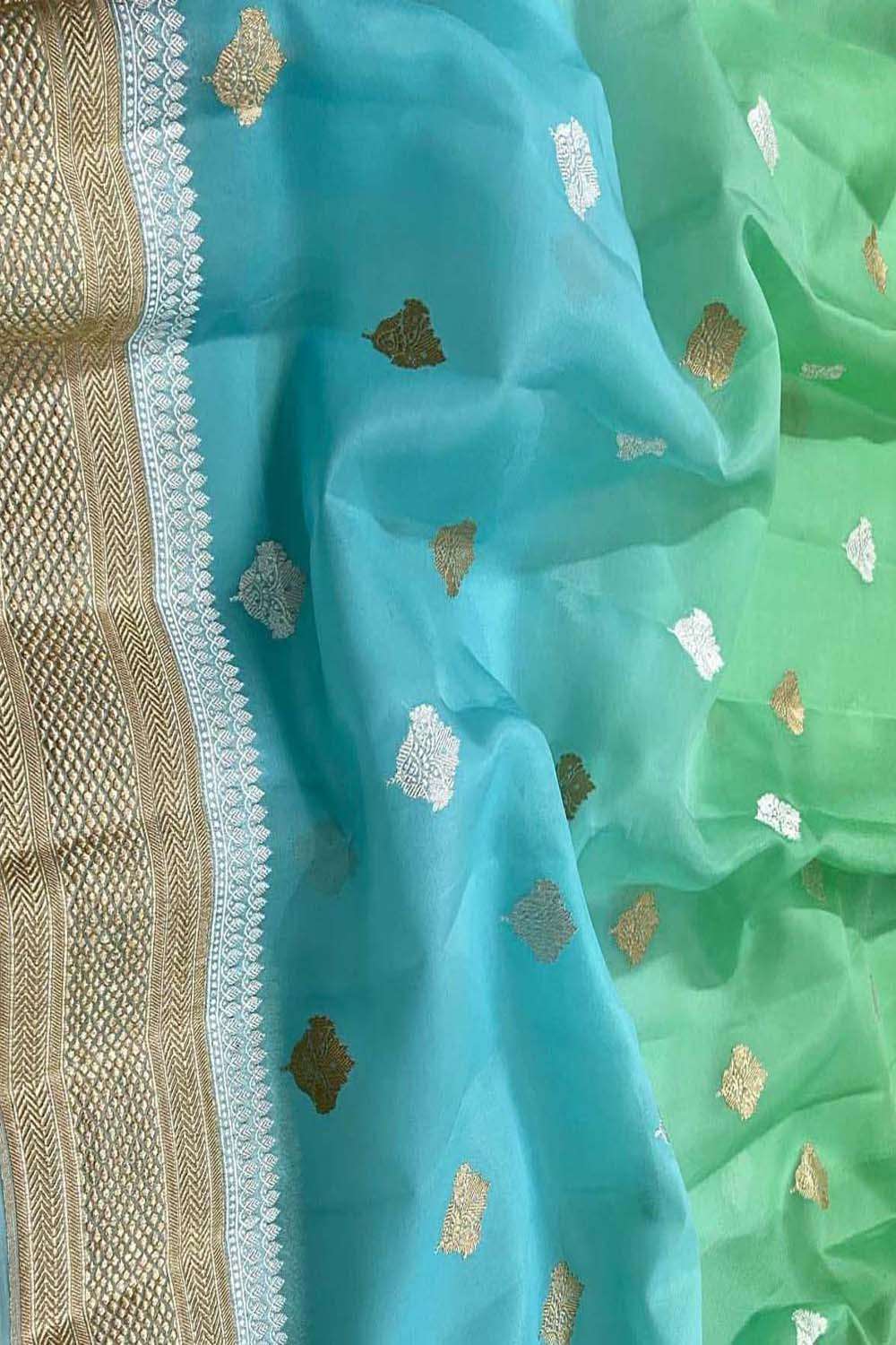 Blue And Green Handloom Banarasi Pure Kora Silk Dupatta - Luxurion World- Crafted Heirlooms