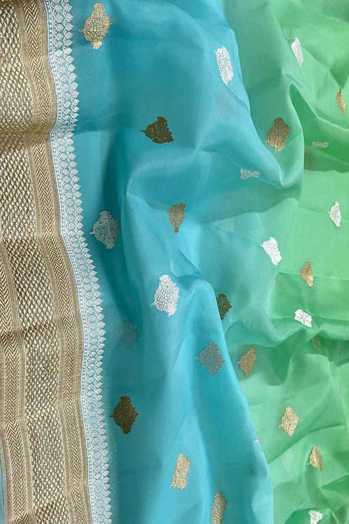 Blue And Green Handloom Banarasi Pure Kora Silk Dupatta - Luxurion World- Crafted Heirlooms