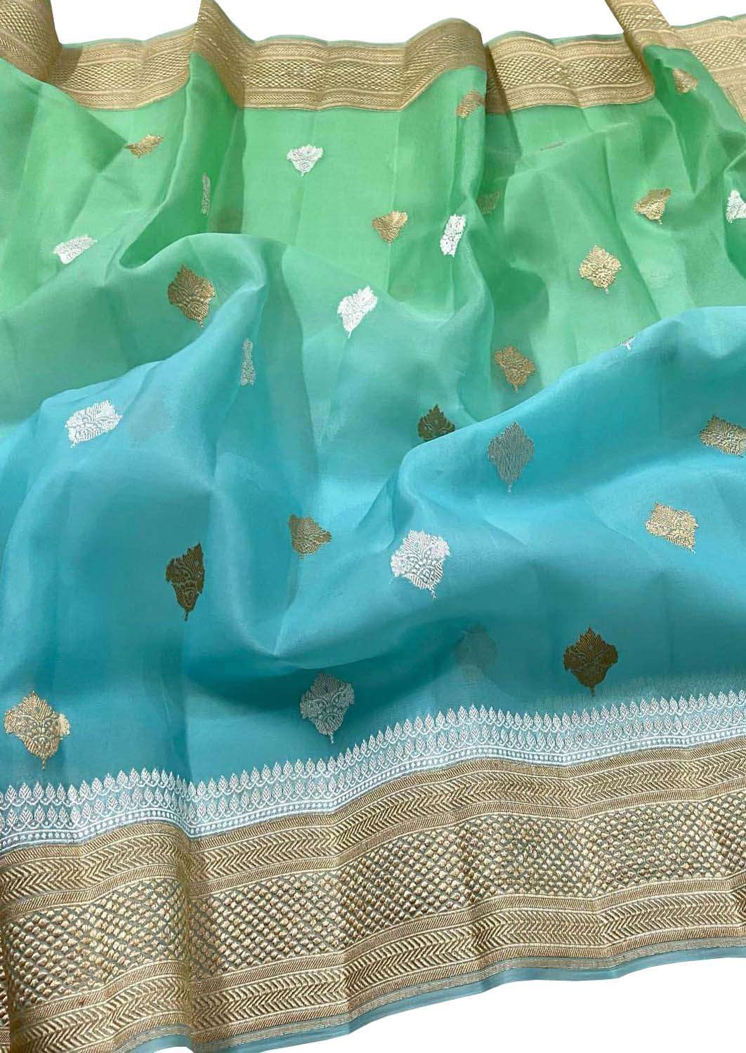 Blue And Green Handloom Banarasi Pure Kora Silk Dupatta - Luxurion World- Crafted Heirlooms