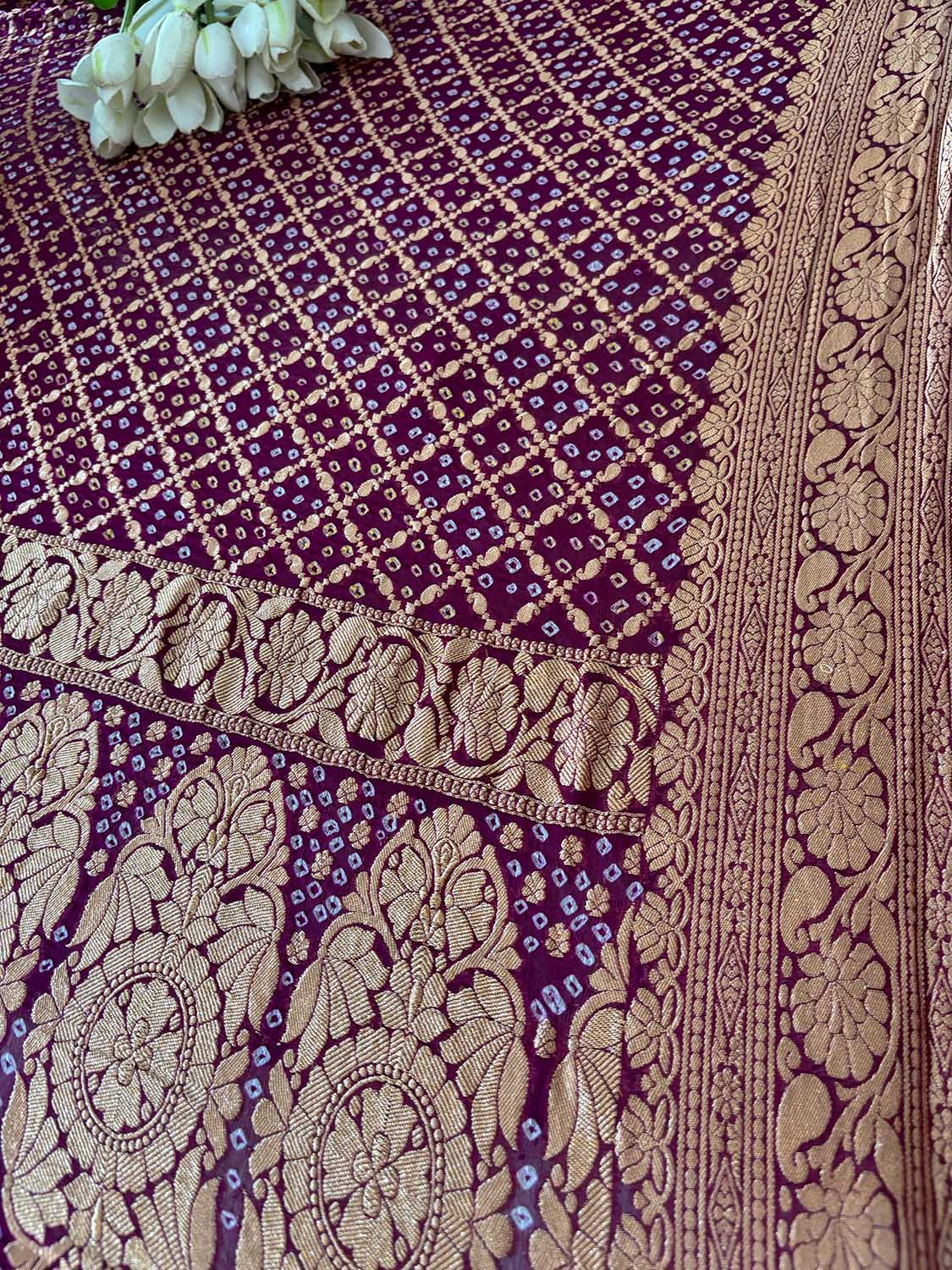Stunning Purple Banarasi Bandhani Pure Georgette Paisley Design Dupatta - Luxurion World
