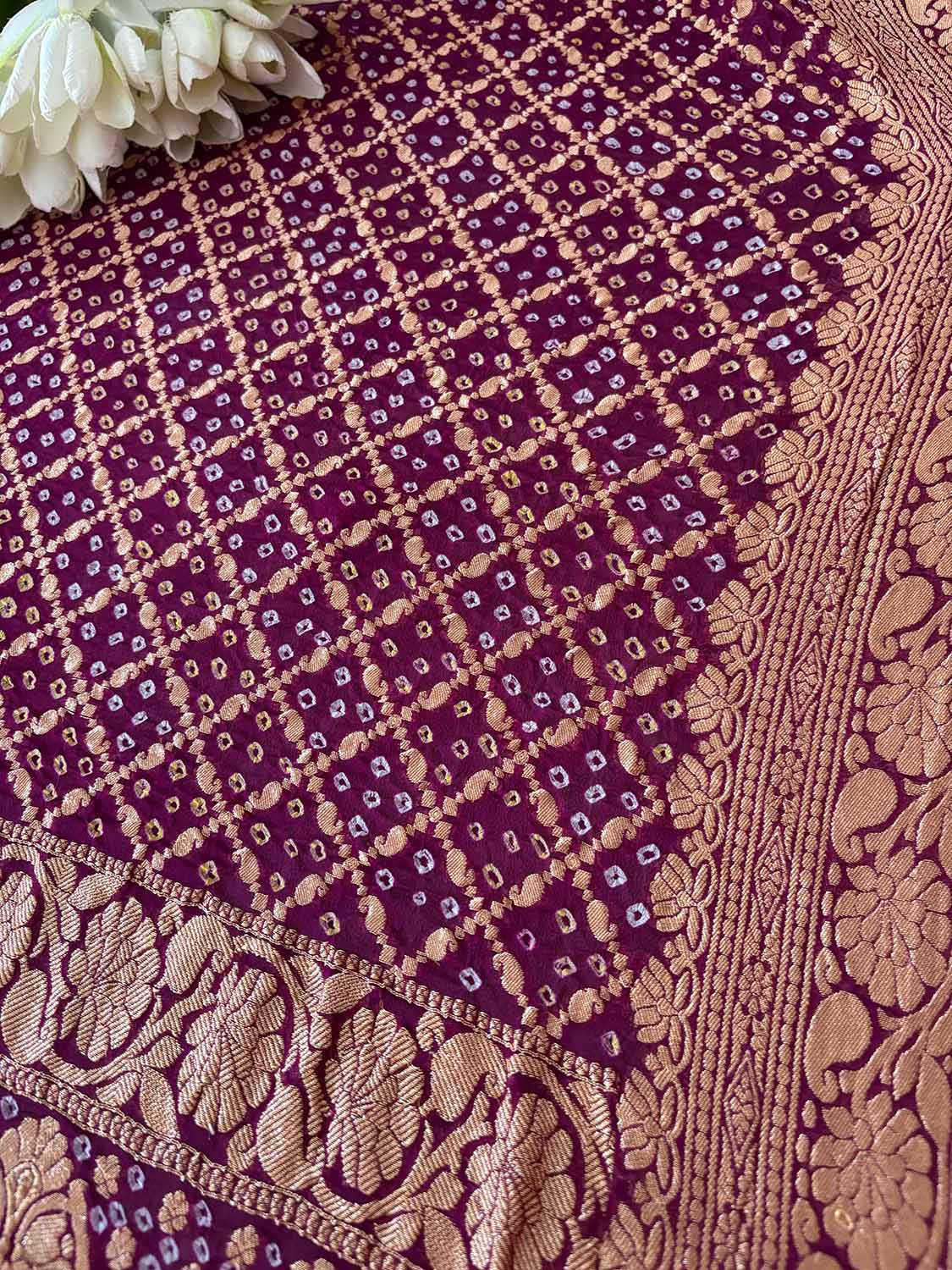 Stunning Purple Banarasi Bandhani Pure Georgette Paisley Design Dupatta - Luxurion World
