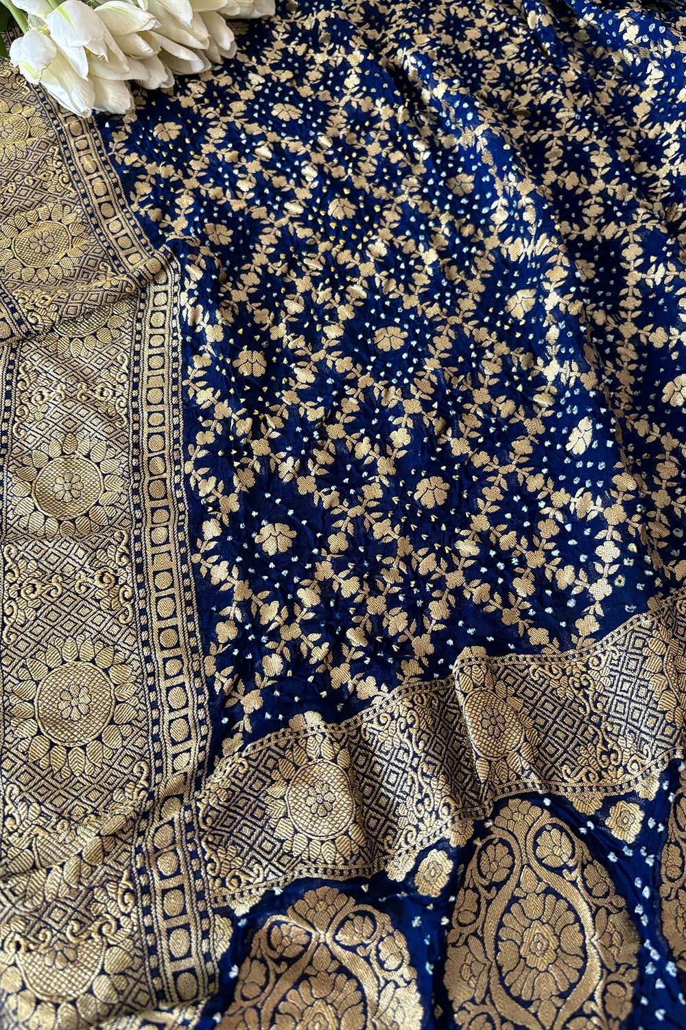 Blue Banarasi Bandhani Pure Georgette Flower Design Dupatta - Luxurion World- Crafted Heirlooms