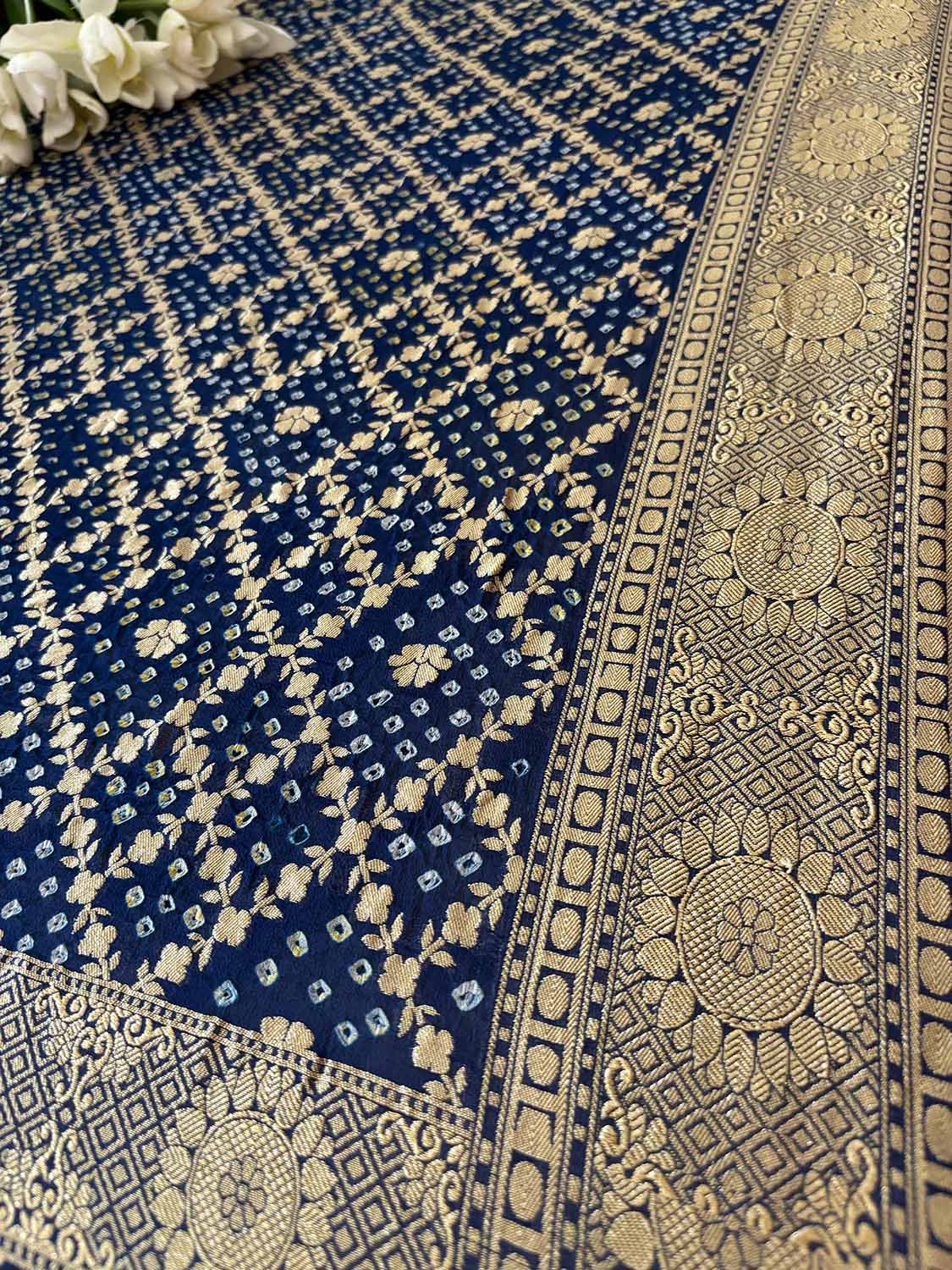 Blue Banarasi Bandhani Pure Georgette Flower Design Dupatta - Luxurion World- Crafted Heirlooms