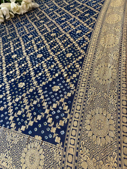 Blue Banarasi Bandhani Pure Georgette Flower Design Dupatta - Luxurion World