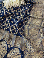 Blue Banarasi Bandhani Pure Georgette Flower Design Dupatta - Luxurion World- Crafted Heirlooms