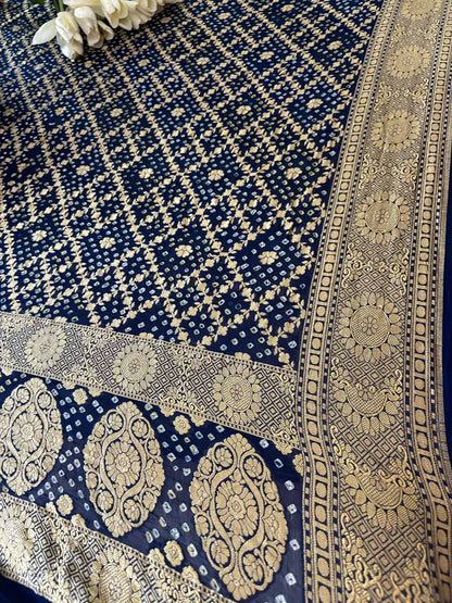 Blue Banarasi Bandhani Pure Georgette Flower Design Dupatta - Luxurion World