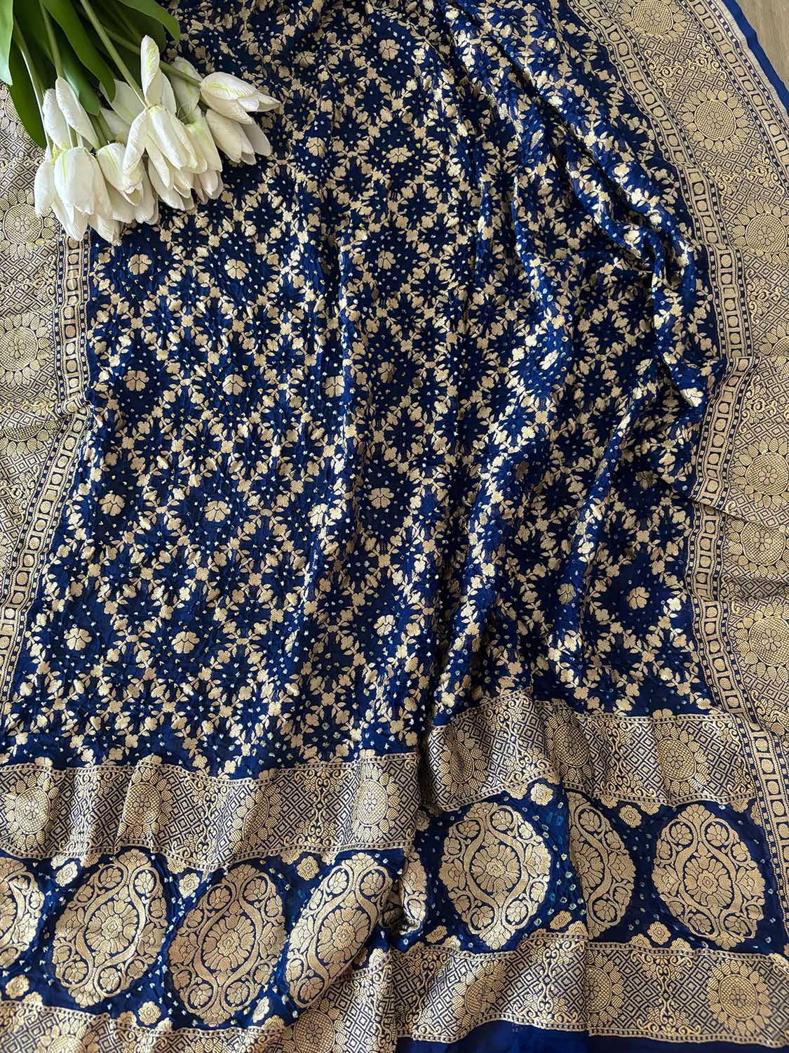 Blue Banarasi Bandhani Pure Georgette Flower Design Dupatta - Luxurion World- Crafted Heirlooms