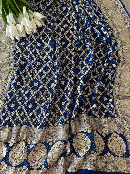 Blue Banarasi Bandhani Pure Georgette Flower Design Dupatta - Luxurion World