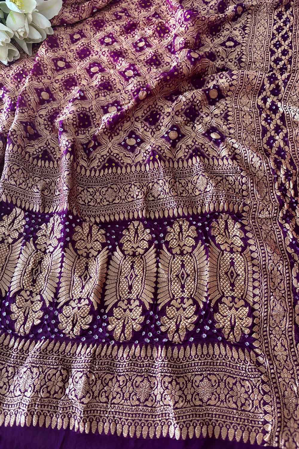 Stunning Purple And Pink Banarasi Bandhani Pure Georgette Shaded Dupatta - Luxurion World