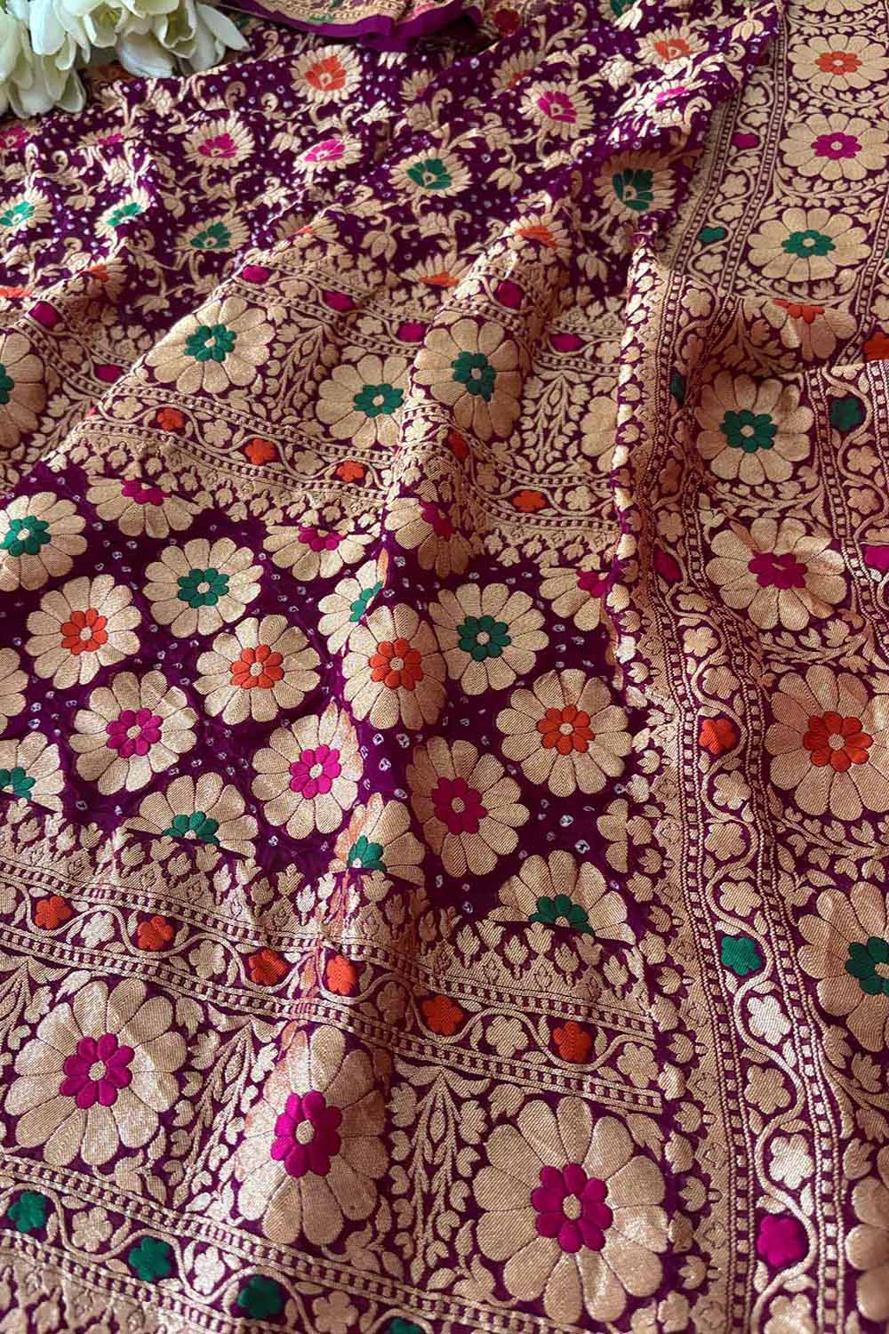 Exquisite Purple Banarasi Bandhani Pure Georgette Multi Meenakari Dupatta - Luxurion World- Crafted Heirlooms
