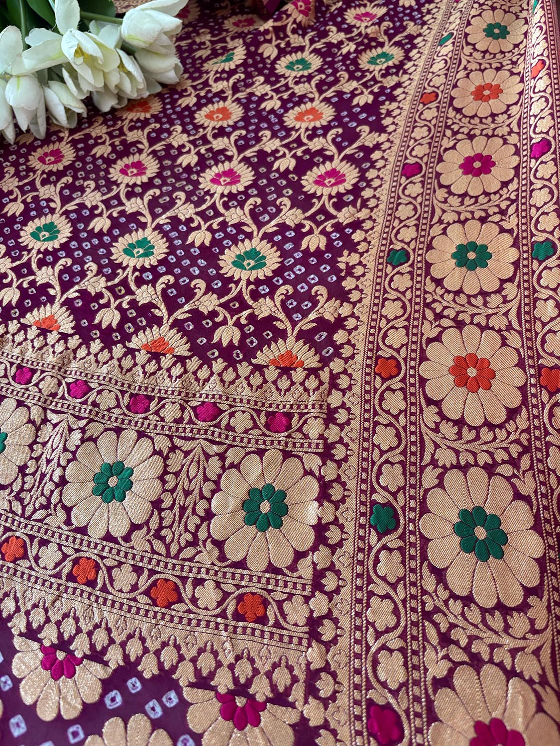 Exquisite Purple Banarasi Bandhani Pure Georgette Multi Meenakari Dupatta - Luxurion World- Crafted Heirlooms