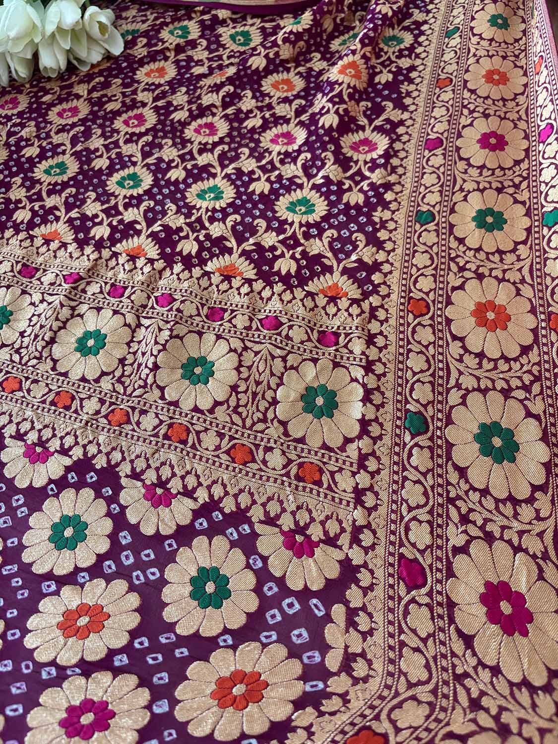 Exquisite Purple Banarasi Bandhani Pure Georgette Multi Meenakari Dupatta - Luxurion World- Crafted Heirlooms