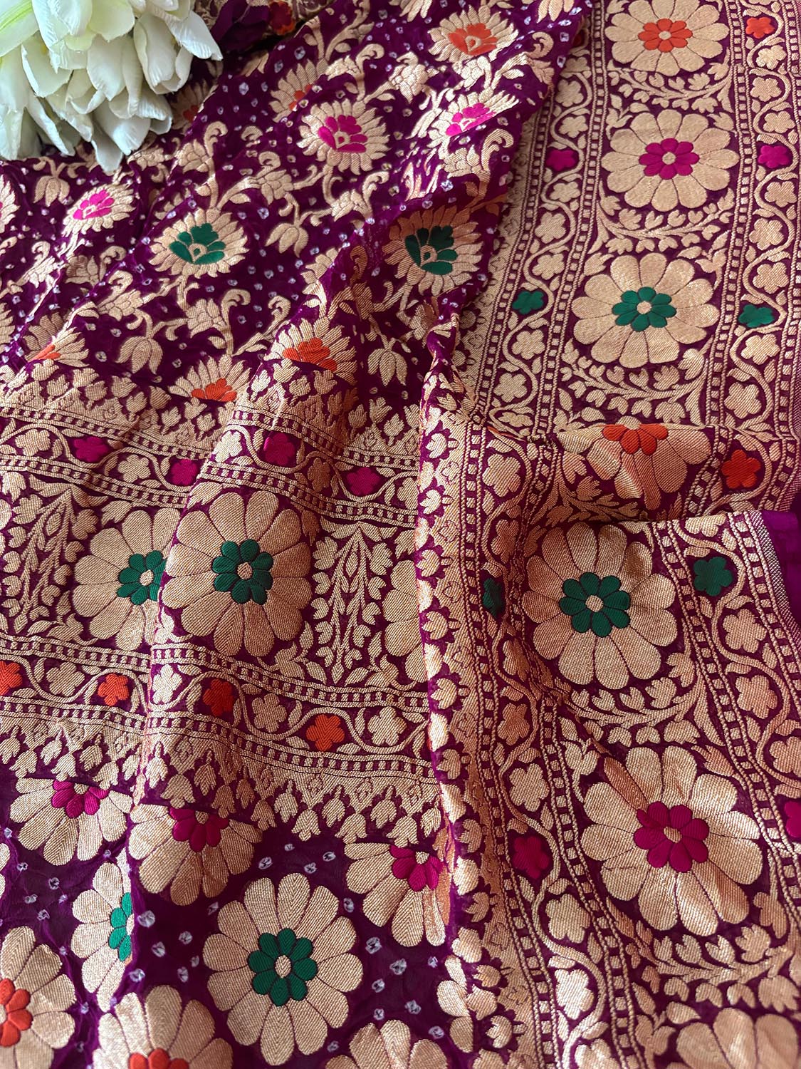 Exquisite Purple Banarasi Bandhani Pure Georgette Multi Meenakari Dupatta - Luxurion World- Crafted Heirlooms