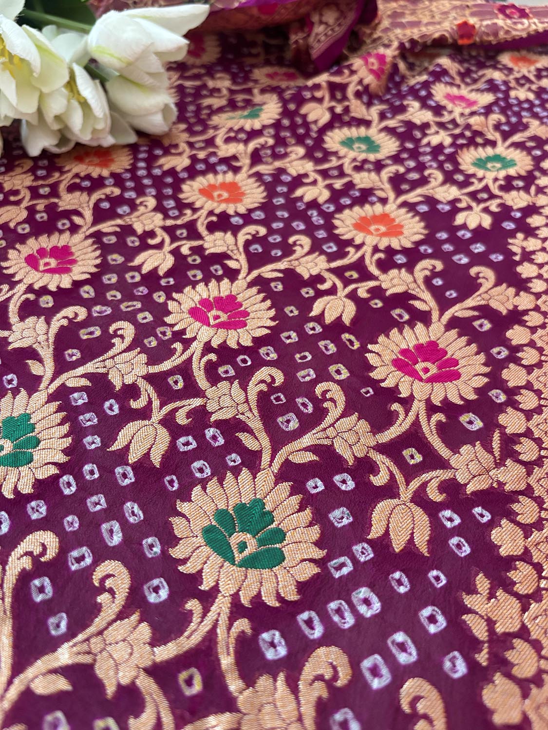 Exquisite Purple Banarasi Bandhani Pure Georgette Multi Meenakari Dupatta - Luxurion World- Crafted Heirlooms