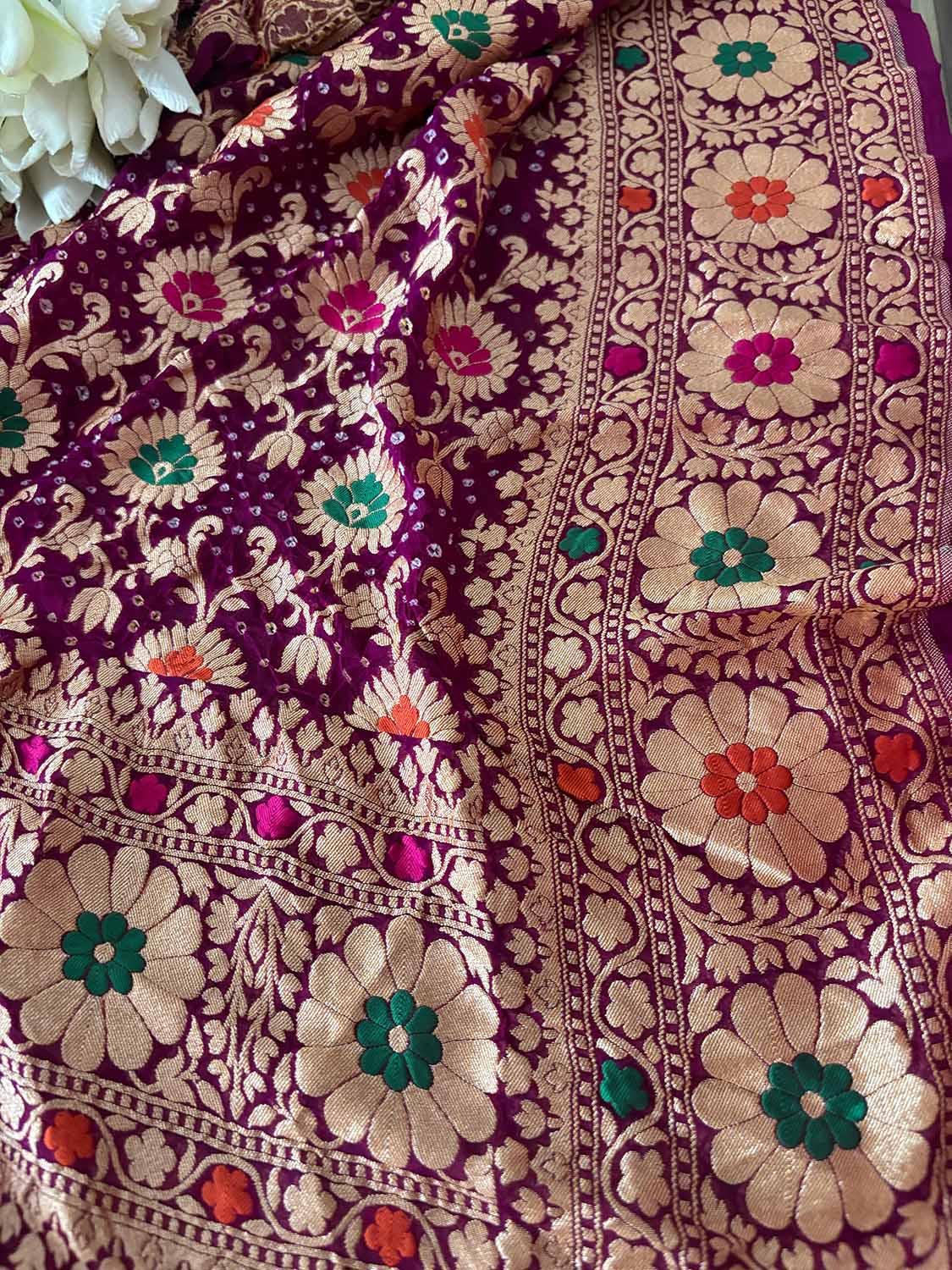 Exquisite Purple Banarasi Bandhani Pure Georgette Multi Meenakari Dupatta - Luxurion World- Crafted Heirlooms