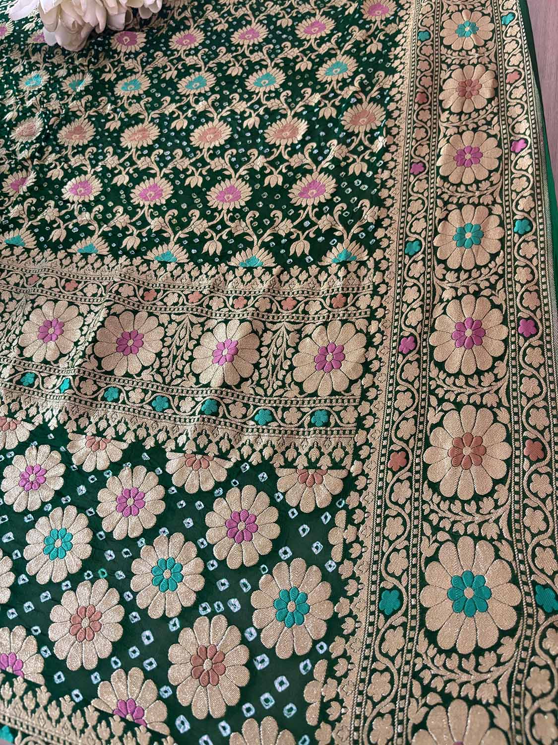 Green Banarasi Bandhani Pure Georgette Meenakari Flower Design Dupatta - Luxurion World- Crafted Heirlooms
