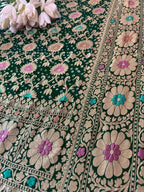 Green Banarasi Bandhani Pure Georgette Meenakari Flower Design Dupatta - Luxurion World- Crafted Heirlooms