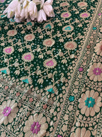 Green Banarasi Bandhani Pure Georgette Meenakari Flower Design Dupatta - Luxurion World- Crafted Heirlooms