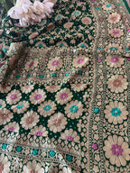 Green Banarasi Bandhani Pure Georgette Meenakari Flower Design Dupatta - Luxurion World- Crafted Heirlooms