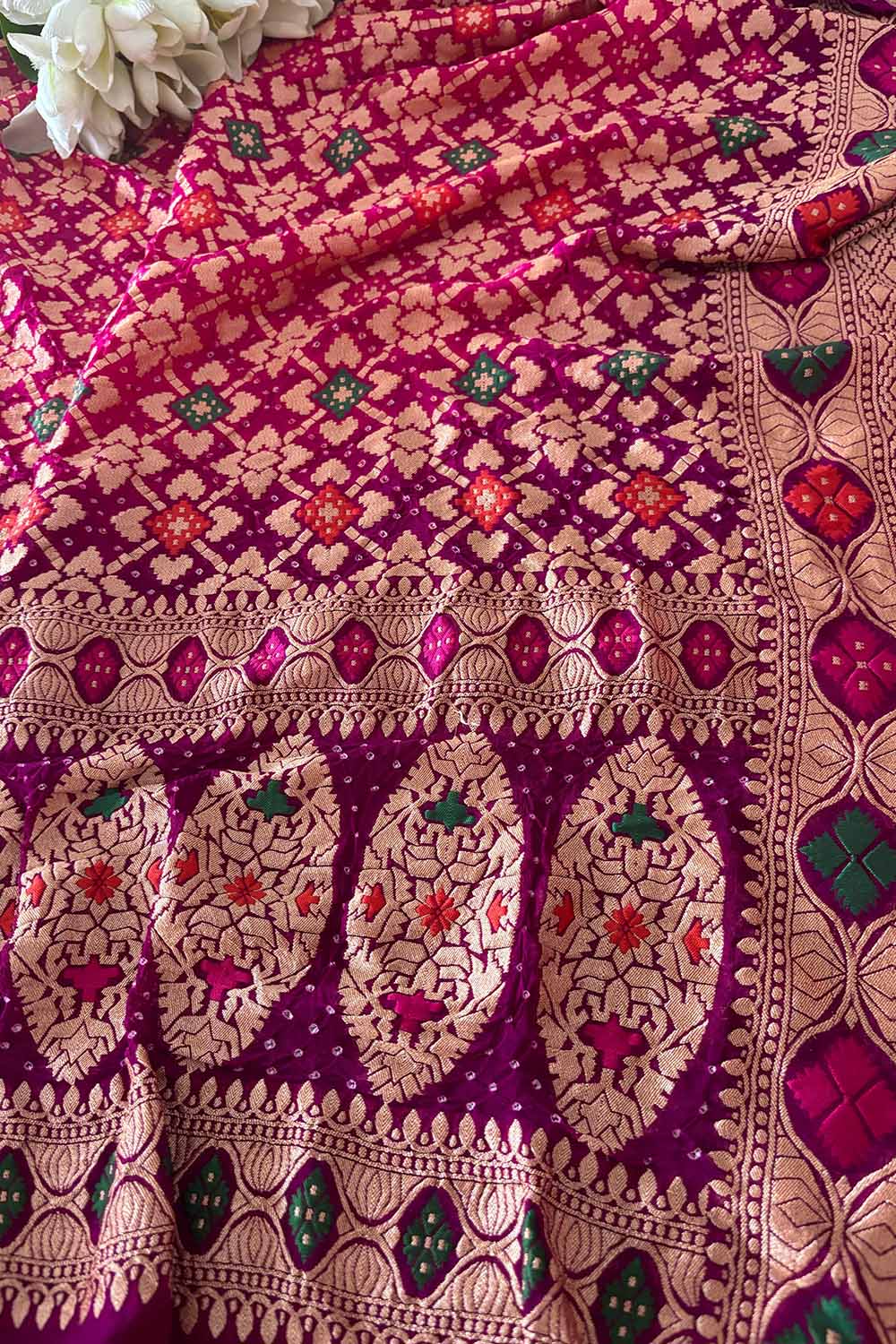 Stunning Pink And Purple Banarasi Bandhani Pure Georgette Meenakari Dupatta - Luxurion World