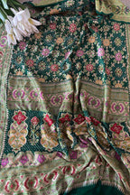 Green Purple Banarasi Bandhani Pure Georgette Meenakari Patola Design Bandhej Dupatta - Luxurion World- Crafted Heirlooms