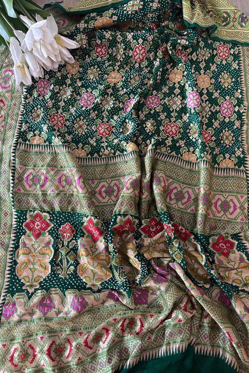 Green Purple Banarasi Bandhani Pure Georgette Meenakari Patola Design Bandhej Dupatta - Luxurion World- Crafted Heirlooms