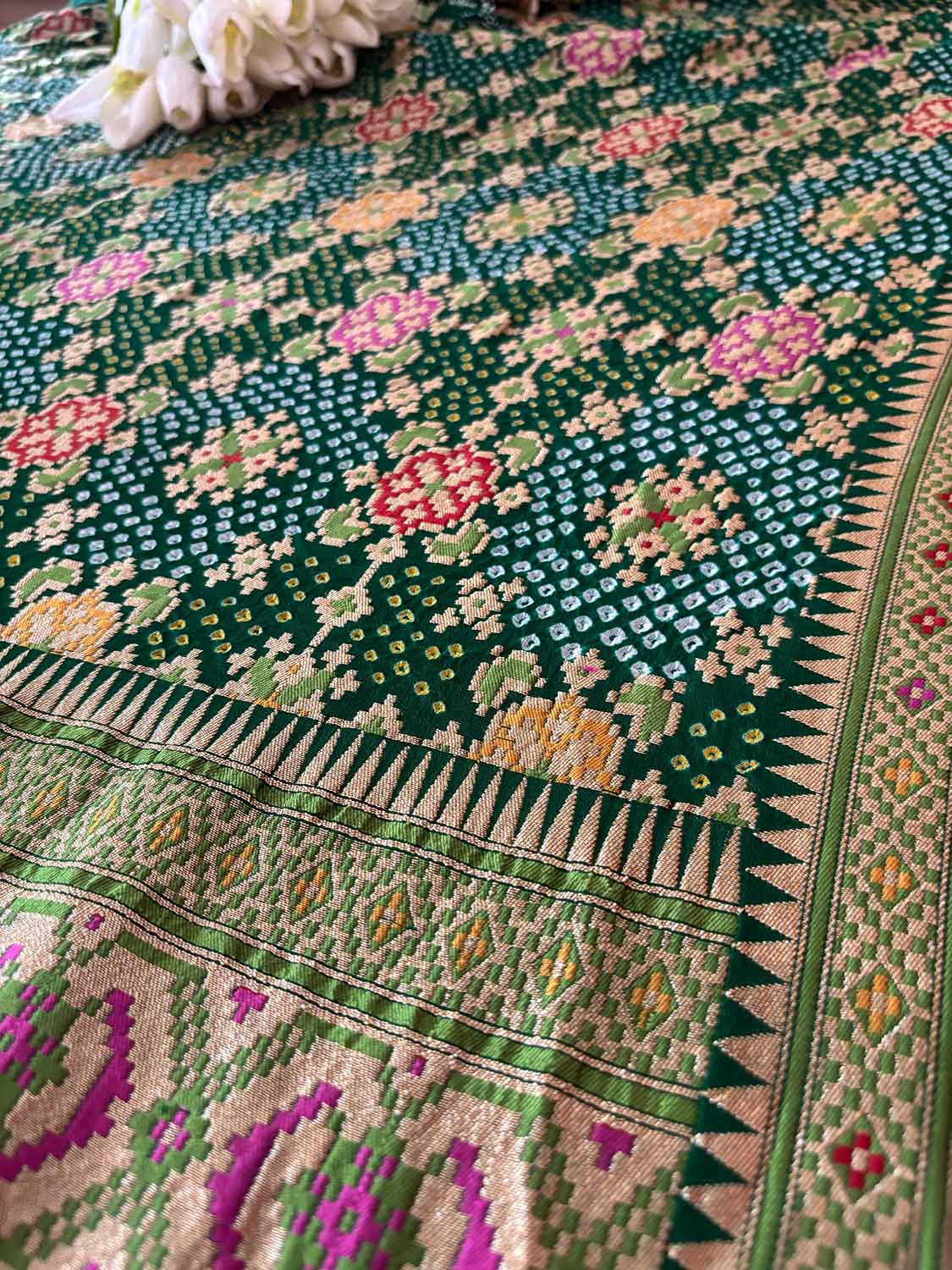 Green Purple Banarasi Bandhani Pure Georgette Meenakari Patola Design Bandhej Dupatta - Luxurion World- Crafted Heirlooms
