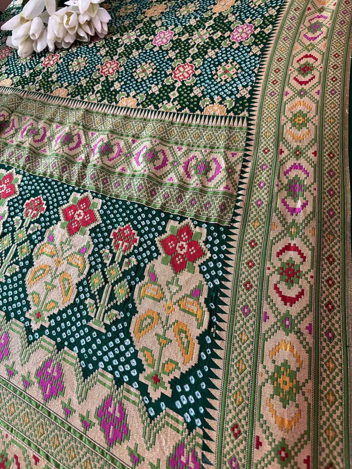 Green Purple Banarasi Bandhani Pure Georgette Meenakari Patola Design Bandhej Dupatta - Luxurion World- Crafted Heirlooms