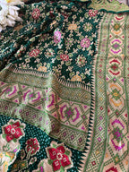 Green Purple Banarasi Bandhani Pure Georgette Meenakari Patola Design Bandhej Dupatta - Luxurion World- Crafted Heirlooms