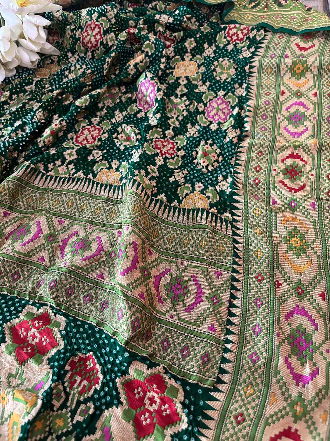 Green Purple Banarasi Bandhani Pure Georgette Meenakari Patola Design Bandhej Dupatta - Luxurion World- Crafted Heirlooms