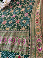 Green Purple Banarasi Bandhani Pure Georgette Meenakari Patola Design Bandhej Dupatta - Luxurion World- Crafted Heirlooms