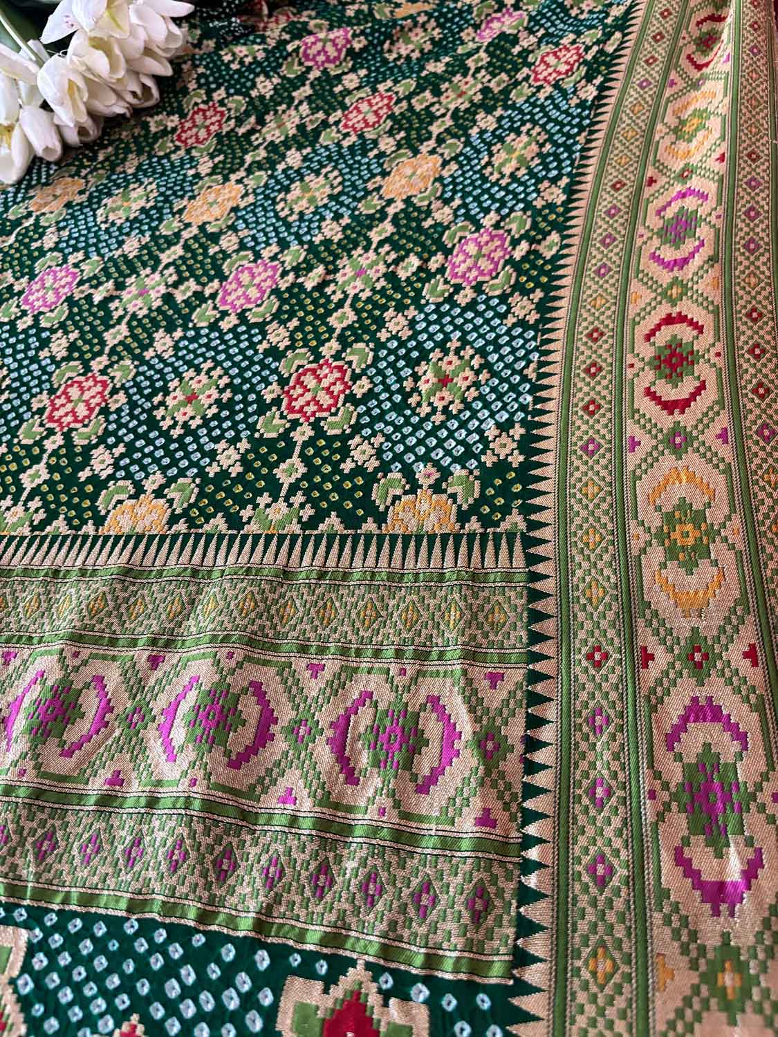 Green Purple Banarasi Bandhani Pure Georgette Meenakari Patola Design Bandhej Dupatta - Luxurion World- Crafted Heirlooms