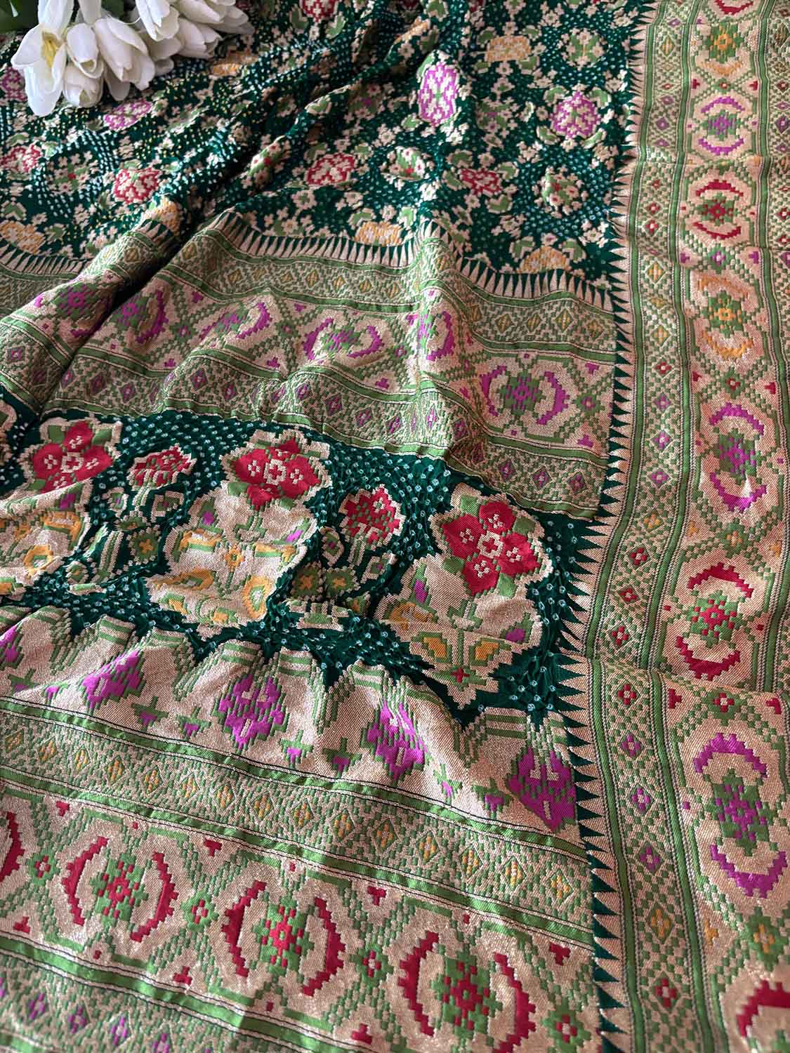 Green Purple Banarasi Bandhani Pure Georgette Meenakari Patola Design Bandhej Dupatta - Luxurion World- Crafted Heirlooms