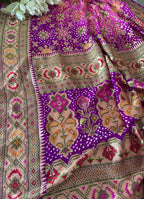 Exquisite Pink Purple Banarasi Bandhani Pure Georgette Meenakari Patola Design Dupatta - Luxurion World- Crafted Heirlooms