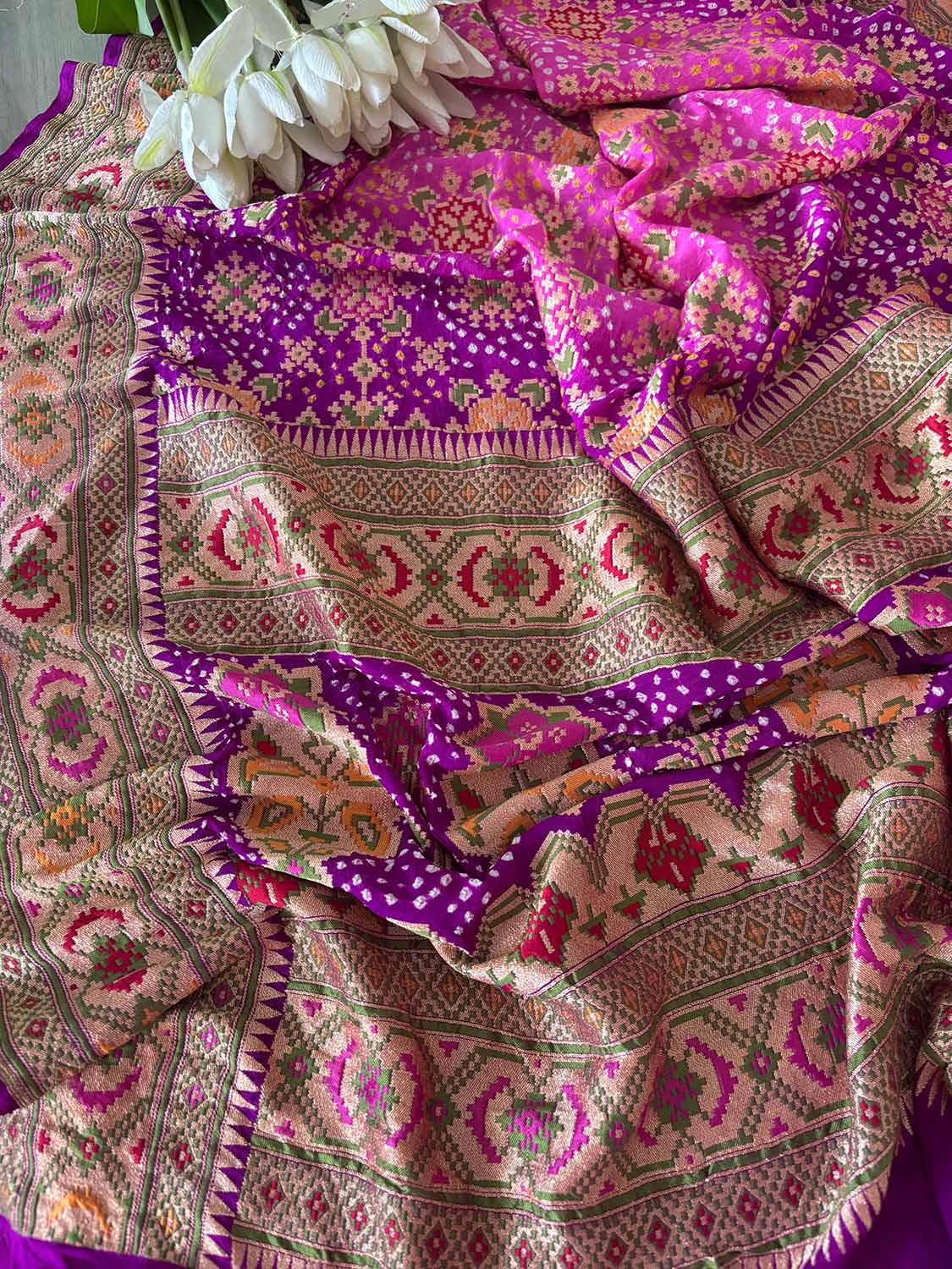 Exquisite Pink Purple Banarasi Bandhani Pure Georgette Meenakari Patola Design Dupatta - Luxurion World- Crafted Heirlooms
